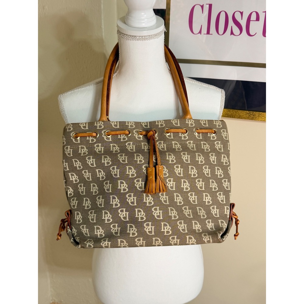 Vintage Dooney & Bourke Signature Monogram Canvas Tote Bag Tan Tassel Drawstring